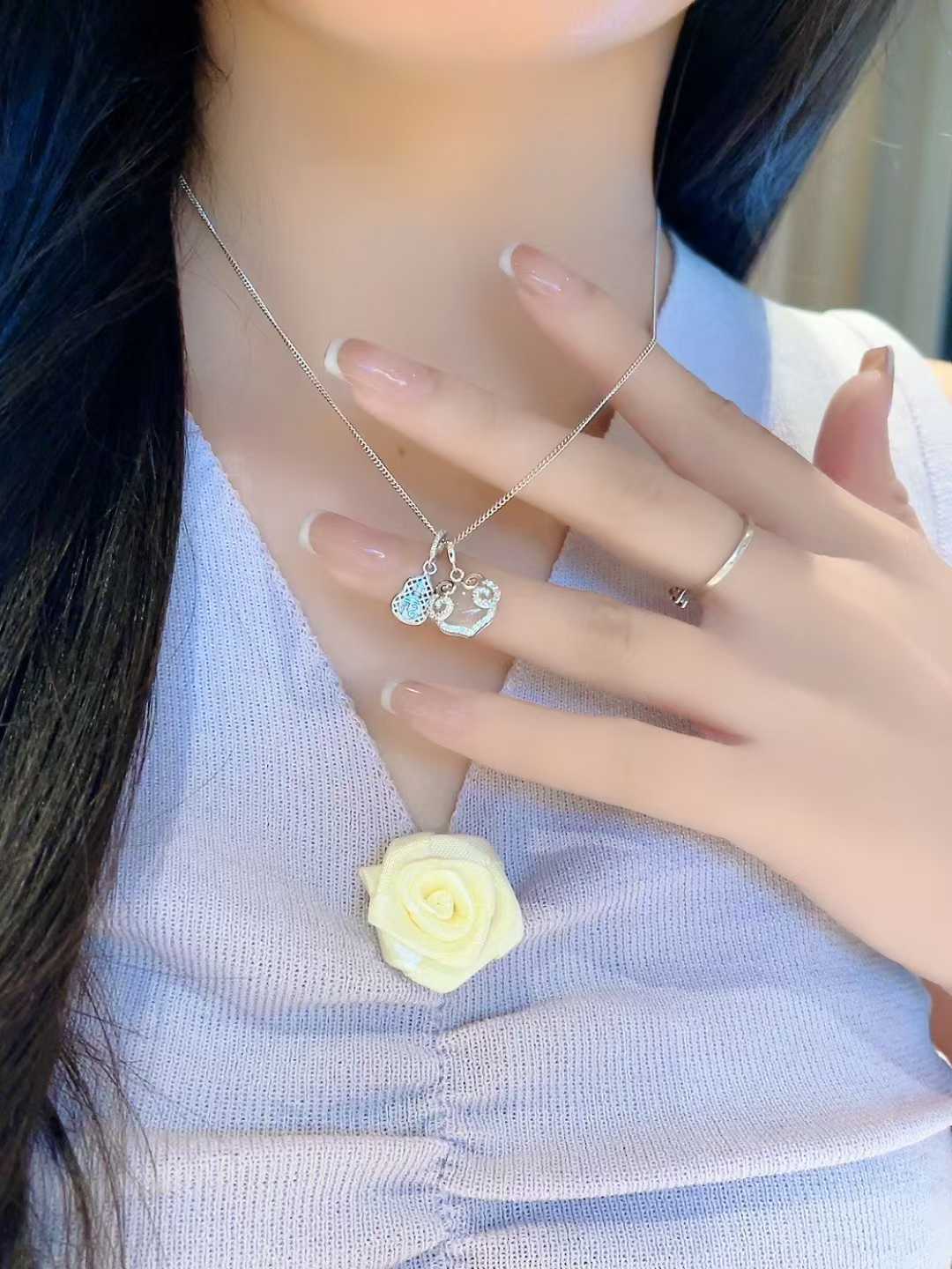 925 Silver, Chalcedony, Artificial Diamonds | 💖 Chalcedony Peace Lock Necklace ✨