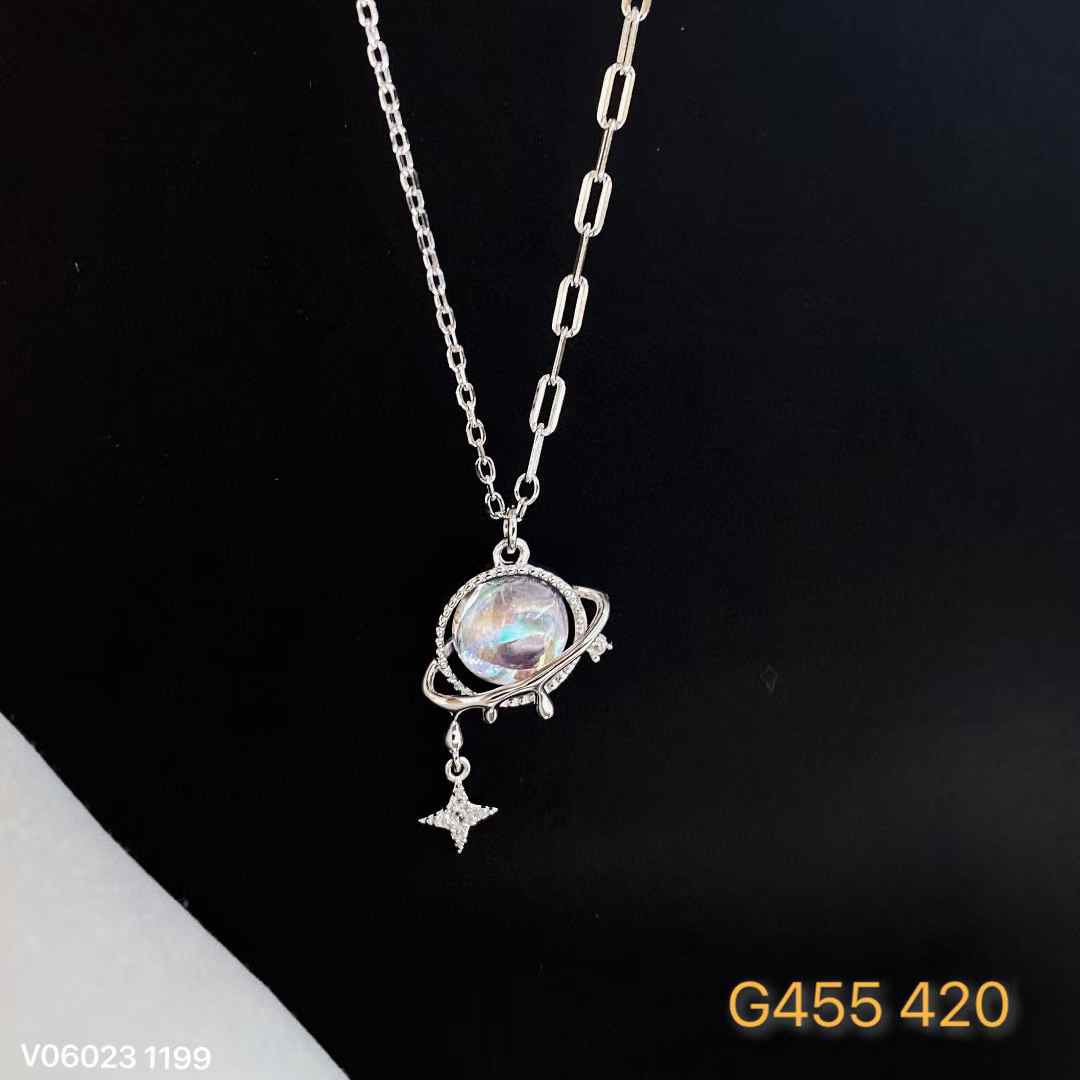 S999.9 Sterling Silver Cosmic Planet Necklace | Opal & Zircon Celestial Charm