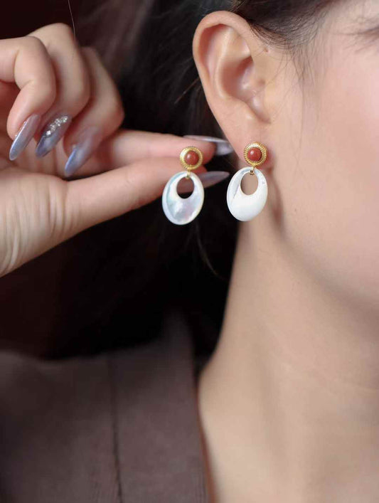 Nanhong Agate & White Mother - of - Pearl Drop Earrings | Vintage Contrast Gemstone Jewelry
