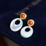 Nanhong Agate & White Mother - of - Pearl Drop Earrings | Vintage Contrast Gemstone Jewelry