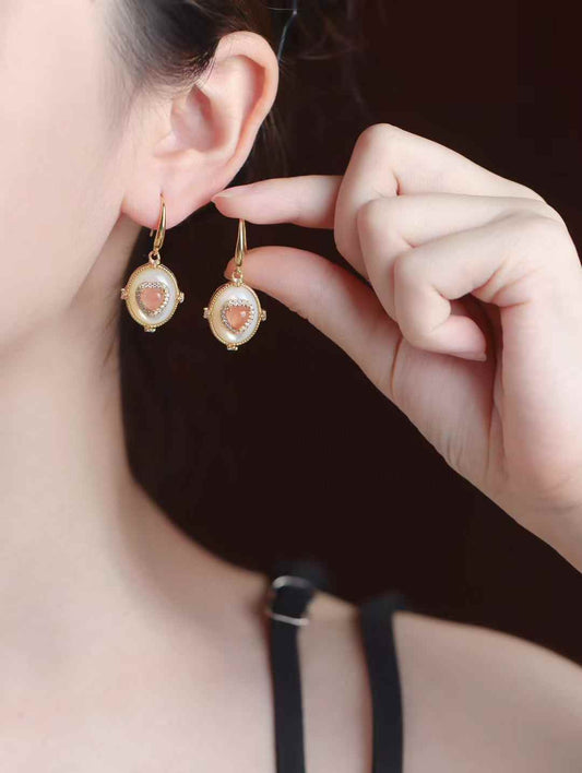 Heart - Shaped Nanhong Agate & Mother - of - Pearl Drop Earrings | CZ - Haloed Vintage Romance
