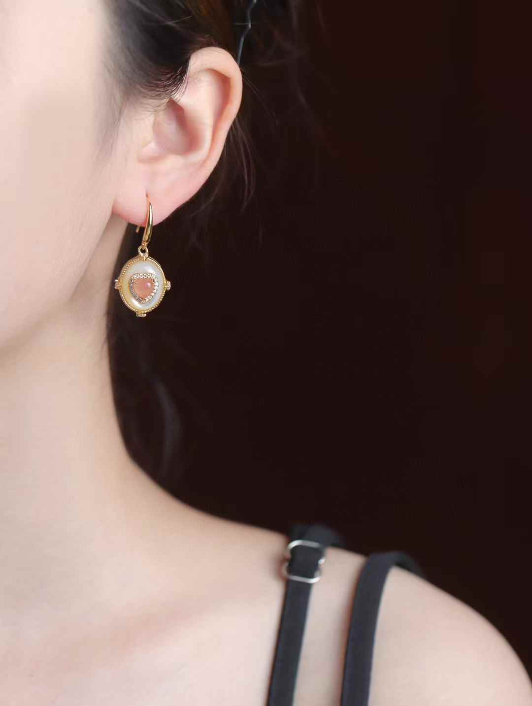 Heart - Shaped Nanhong Agate & Mother - of - Pearl Drop Earrings | CZ - Haloed Vintage Romance