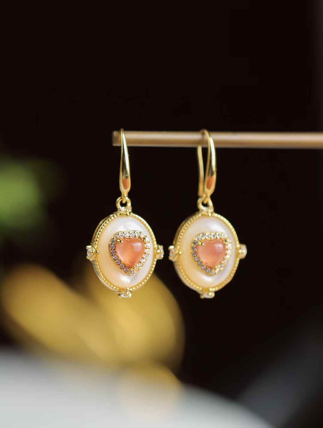 Heart - Shaped Nanhong Agate & Mother - of - Pearl Drop Earrings | CZ - Haloed Vintage Romance