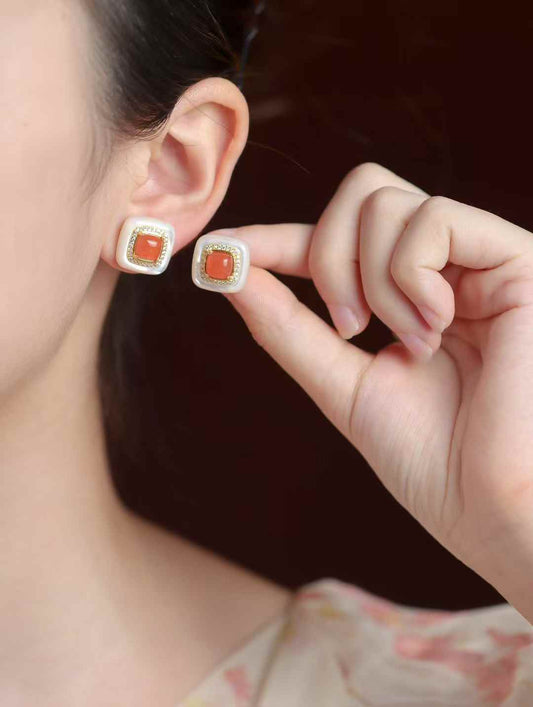 Square Nanhong Agate & Mother - of - Pearl Studs | CZ - Accented Vintage Charm