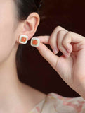 Square Nanhong Agate & Mother - of - Pearl Studs | CZ - Accented Vintage Charm