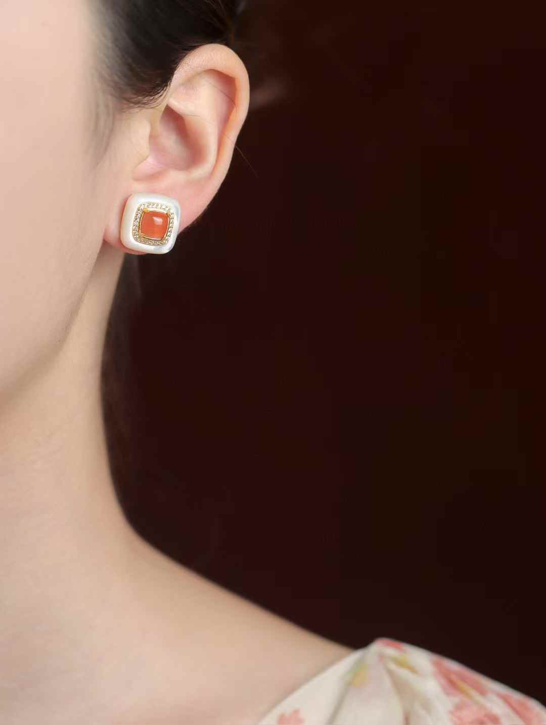 Square Nanhong Agate & Mother - of - Pearl Studs | CZ - Accented Vintage Charm
