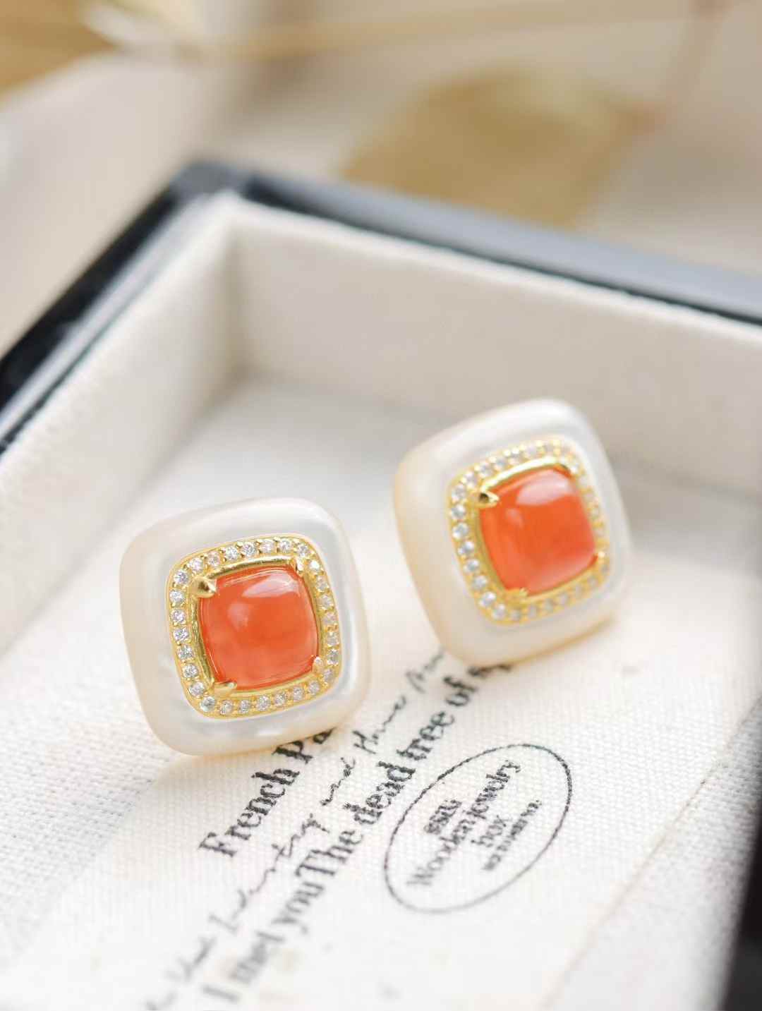Square Nanhong Agate & Mother - of - Pearl Studs | CZ - Accented Vintage Charm