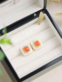 Square Nanhong Agate & Mother - of - Pearl Studs | CZ - Accented Vintage Charm