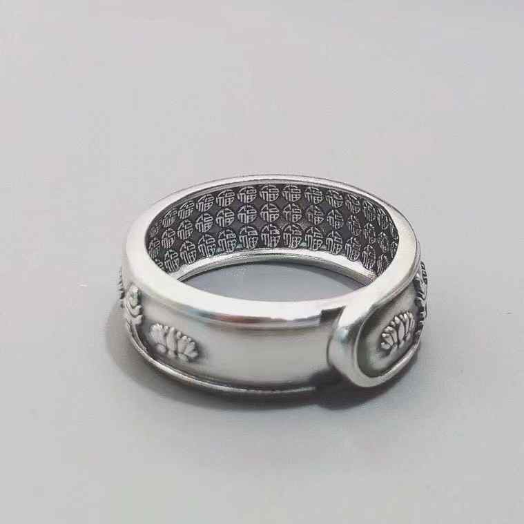 S925 Sterling Silver Lotus & Six - Syllable Mantra Ring | Vintage Spiritual Charm