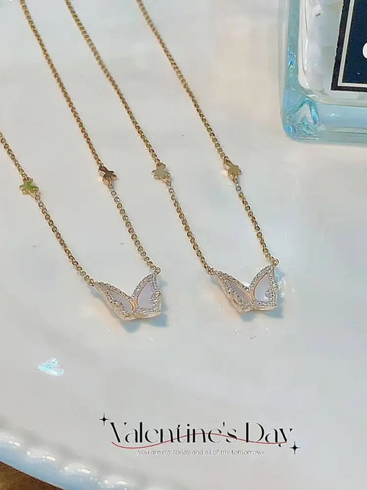 18K Gold, Mother of Pearl, Artificial Diamonds | "Mother of Pearl Butterfly Necklace"