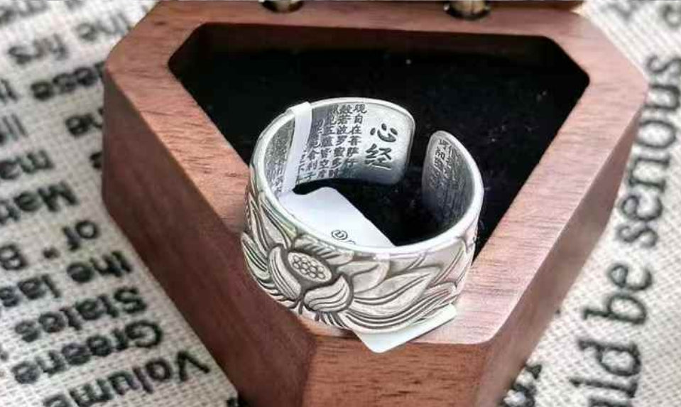 S925 Sterling Silver Lotus Ring | Inner Heart Sutra Engraving, Spiritual Purity & Wisdom